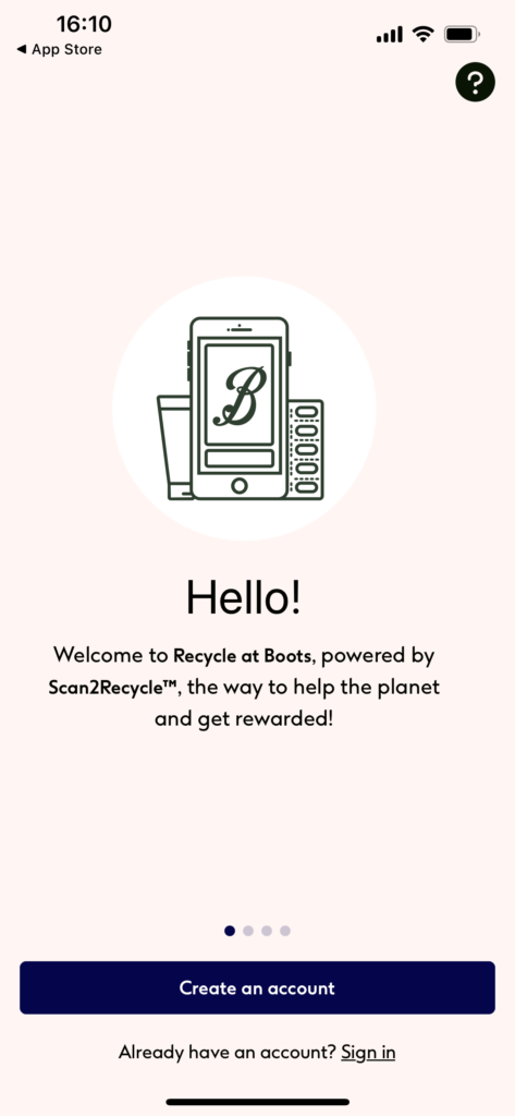 Boots Recycle Scheme app homepage